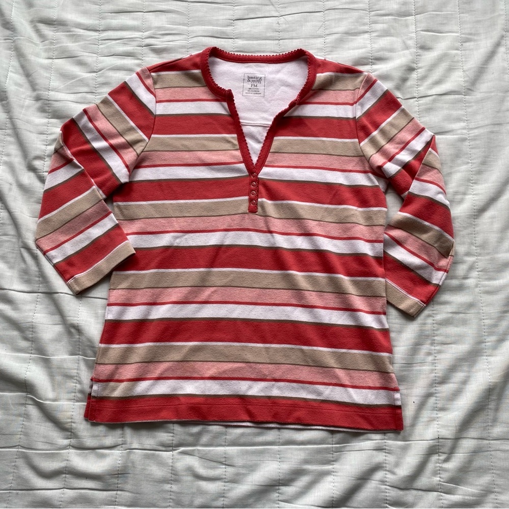 Striped Long Sleeve Henley Top in Red, Pink & Tan - Unbranded